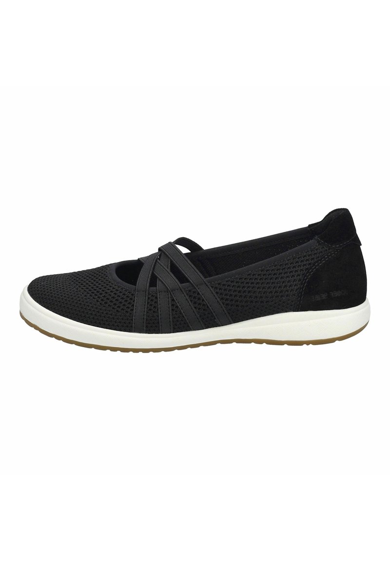 Scarpa slip-on nera in rete con accenti in suede, dotata di lacci incrociati elasticizzati, punta rotonda e suola in gomma bianca. Design della superficie testurizzato.