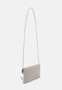 Gray metallic clutch bag with a textured surface, featuring a chain strap and a rectangular shape. Closure is not visible.