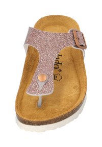 Pink glitter thong sandal with a toe post design, adjustable round metal buckle, suede insole, and white textured outsole.