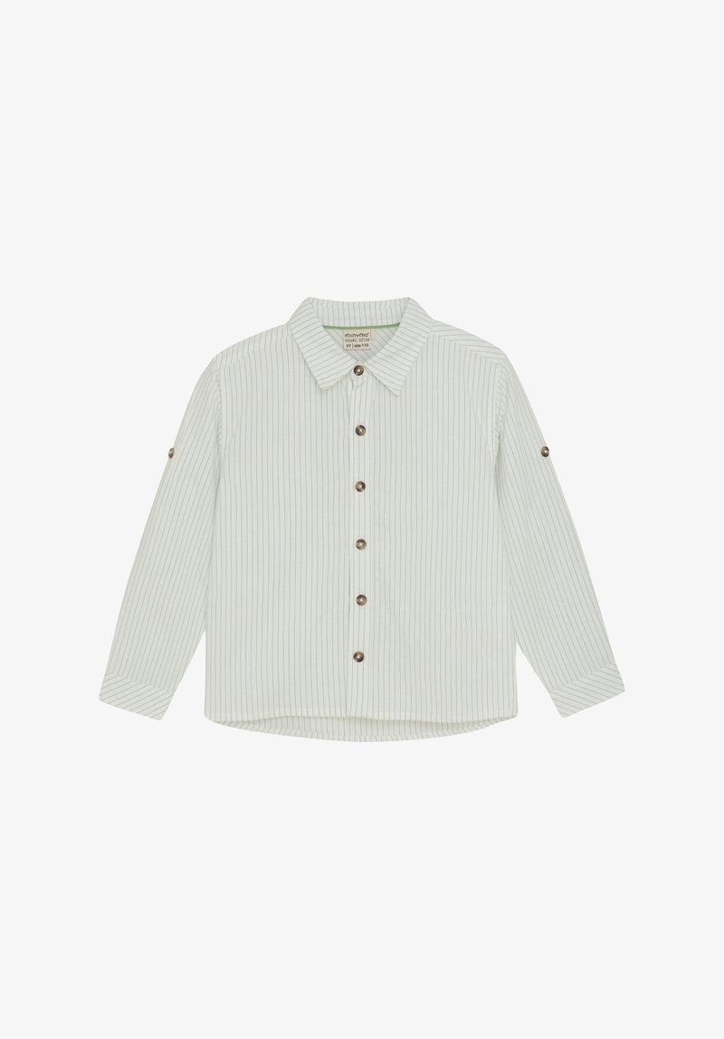 Camicia a maniche lunghe a righe verde chiaro con colletto, dotata di bottoni marroni e maniche arrotolabili; in cotone, vestibilità regolare.