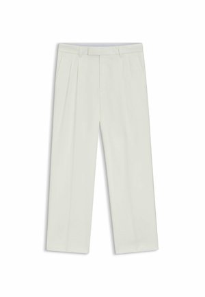 Cream-colored pleated trousers with a straight-leg design, featuring a zipper fly and belt loops. Made from a smooth, lightweight fabric.