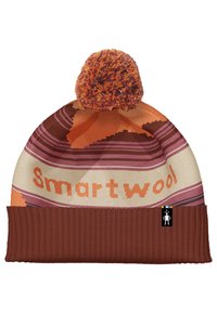 Knit beanie with a brown ribbed cuff, multicolored striped pattern in warm tones, and a top pom-pom. Features "Smartwool" logo in orange.