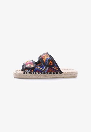 Sandale espadrille noire à brides, avec un dessus en textile tissé multicolore, deux brides réglables et une semelle en jute tressé.