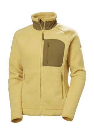 Fleecejacke in Hellgelb mit einer braunen Brusttasche, durchgehendem Reißverschluss, zwei Seitentaschen und strukturiertem Stoff für Wärme.