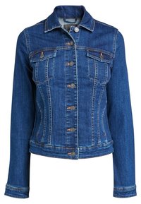 Blauwe spijkerjack met een getailleerd ontwerp, twee borstzakken, knoopsluiting en contrasterende stiksels. Lange mouwen met standaard manchetten.