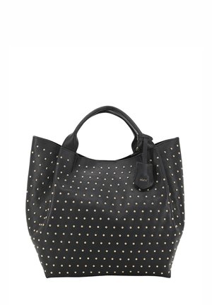 Black leather tote bag with gold metallic studs, featuring a soft texture and rounded handles. Includes a small hang tag detail.