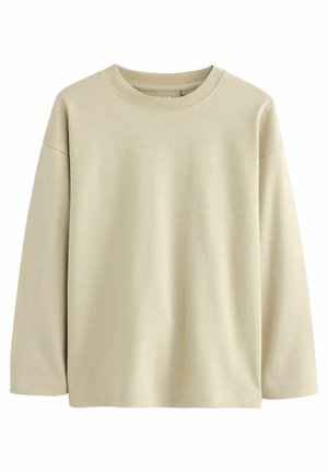 Light beige long-sleeve T-shirt with a crew neckline and a soft, smooth texture. Features dropped shoulders and a relaxed fit.