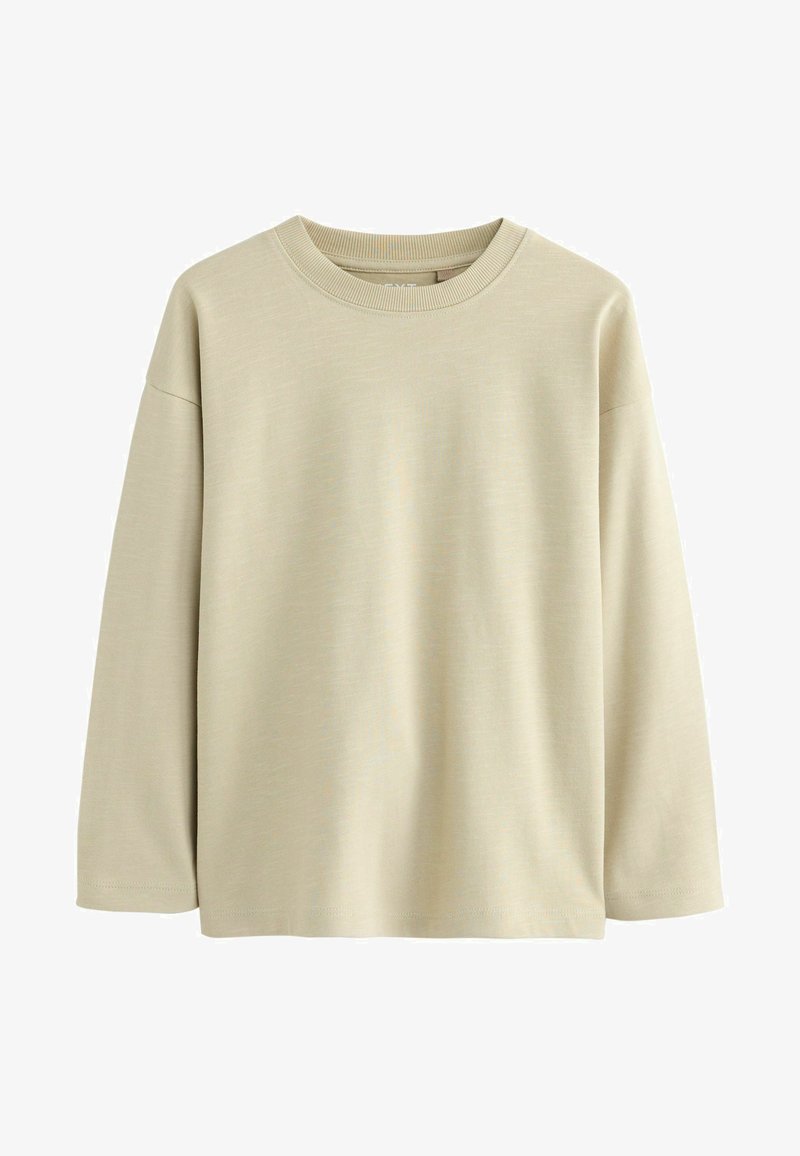 Világos bézs, hosszú ujjú póló, kerek nyakkivágással és puha, sima állaggal. Laza vállakkal és kényelmes szabással rendelkezik.