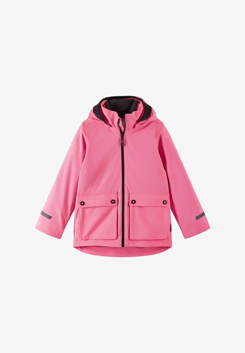 Giacca impermeabile rosa con cappuccio, due tasche anteriori e dettagli neri. Presenta una chiusura completa con zip e una fodera interna a contrasto.