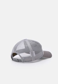 Sivi mrežasti bejzbol cap s čvrstim sivim vizirом, podesivim zatvaračem na dodir i logom na strani. Ima prozračne mrežaste panele.