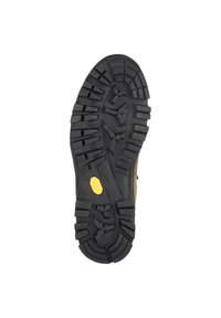 Suola di scarpa in gomma nera con battistrada profondo, caratterizzata da un logo esagonale giallo e un design testurizzato e a motivi. Profilo degli stivali visibile dal basso.