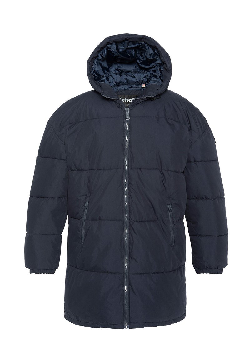 Doudoune bleu marine avec capuche, fermeture éclair à l'avant et poches latérales zippées, conçue pour les temps froids.