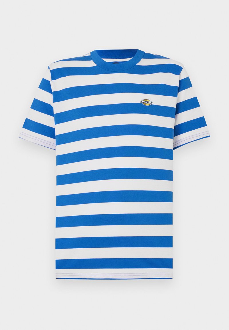 T-shirt a maniche corte con righe orizzontali blu e bianche, scollo rotondo, tessuto in cotone morbido e un piccolo logo ricamato sul petto.