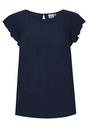 Blouse bleu marine à manches courtes avec manches volantées, encolure ronde et petite fermeture par bouton au dos.
