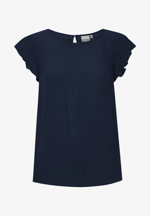 Blouse bleu marine à manches courtes avec manches volantées, encolure ronde et petite fermeture par bouton au dos.