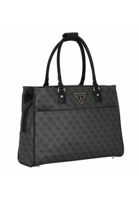 Borsa a spalla grigia con tessuto testurizzato, doppi manici neri, dettaglio in logo dorato e compartimenti con zip per una conservazione sicura.