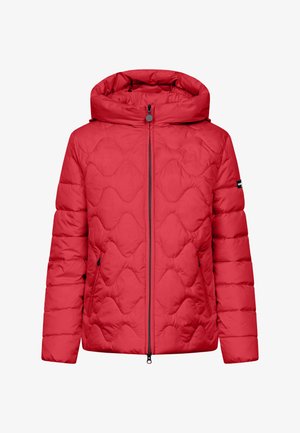 Rode gewatteerde pufferjas met capuchon, volledige vo frontale rits, zijzakken met rits en golvenpatroon in de stiksel op het lichaam en de mouwen.