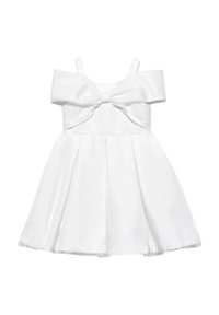 Abito bianco con spalline scoperte, un grande fiocco davanti e una gonna svasata plissettata, realizzato in un tessuto liscio.
