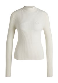 Biały, prążkowany top z długim rękawem i wysokim dekoldem, z subtelnym logo na piersi i dopasowanym krojem. Gładka faktura.
