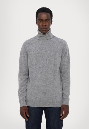 Grauer Rollkragenpullover aus weichem Strickstoff, mit geripptem Kragen und Bündchen, entspannter Passform und langen Ärmeln.
