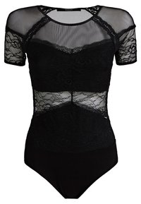Zwarte bodysuit met een doorschijnende mesh-top, korte mouwen en kantaccenten met een effen onderkant. Ontworpen met een getailleerde pasvorm.