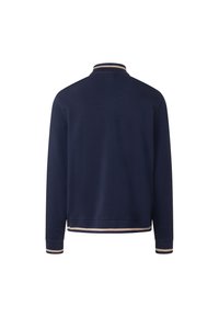 Pullover blu navy con colletto alto, polsini a costine e strisce beige a contrasto sul colletto e sull'orlo. Tessuto morbido, design casual.