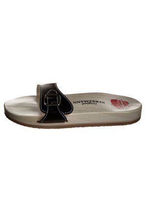 Black sandal with adjustable strap and silver buckle, white padded insole, light brown outsole, featuring "BIRKENSTOCK" branding.