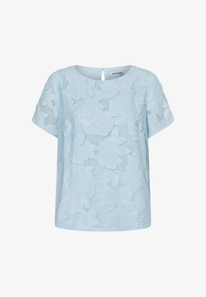Light blue short-sleeve blouse with textured floral pattern and keyhole button closure at the back neckline.
