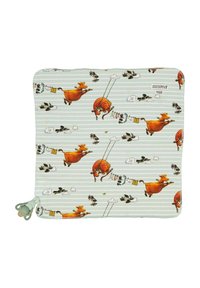 Cotton cloth in light blue with white stripes features whimsical illustrations of orange cows and birds. Includes a soft plastic pacifier holder.