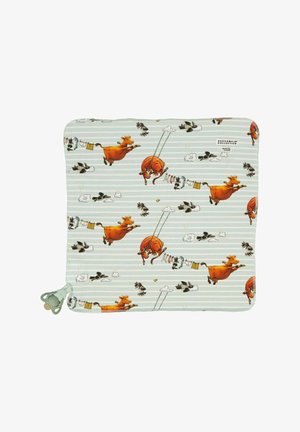 Lys blå bomuldsstof med hvide striber har finurlige illustrationer af orange køer og fugle. Inklusiv en blød plastik sutteholder.