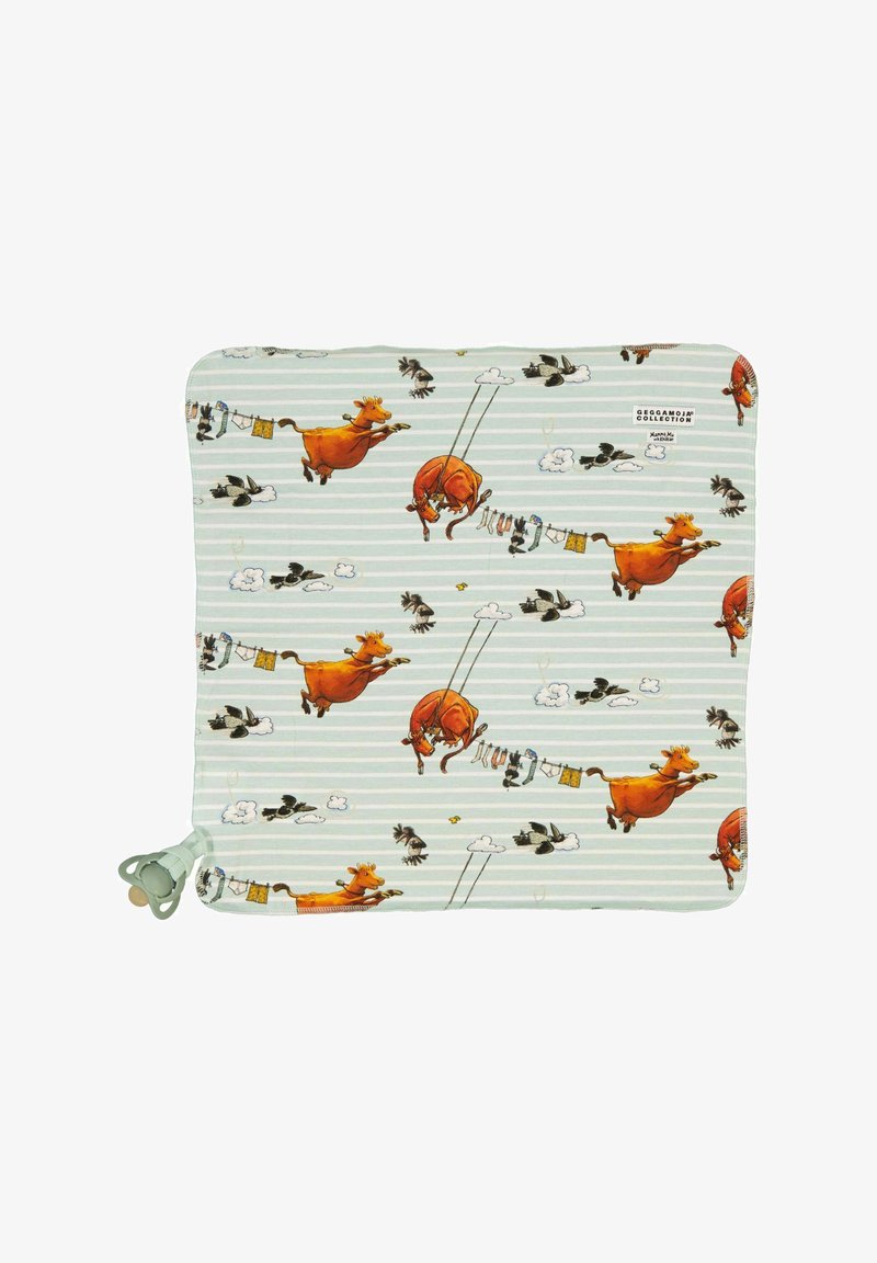 Katoenen stof in lichtblauw met witte strepen, versierd met speelse illustraties van oranje koeien en vogels. Inclusief een zachte plastic fopspeenhouder.