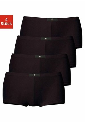 Vier Paar schwarze Stoff-Boxershorts mit glatter Textur, ausgestattet mit einem Logo-Bund in kontrastierender Farbe.
