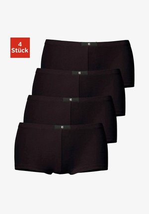 Vier paar zwarte stoffen boxershorts met een gladde textuur, voorzien van een logo-elastische band in een contrasterende kleur.