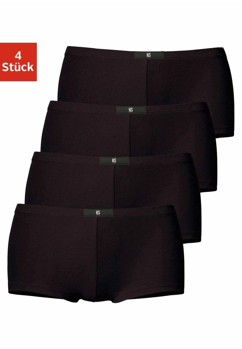 Quatre paires de caleçons en tissu noir avec une texture lisse, ornés d'une ceinture logo de couleur contrastante.