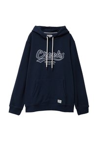 Sudadera de color azul marino hecha de material suave, con un bolsillo frontal, capucha con cordón y estampado en blanco "Creeks Original desde 174".