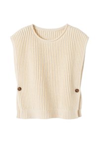 Cremfarbener, gerippter Stricktop mit Rundhalsausschnitt, der an den Seiten zwei braune Knöpfe aufweist und einen lockeren, ärmellosen Schnitt hat.