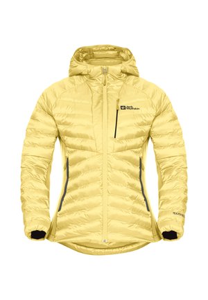Yellow insulated jacket featuring a zippered front, hood, side pockets, and a textured surface. Brand logo visible on the chest.