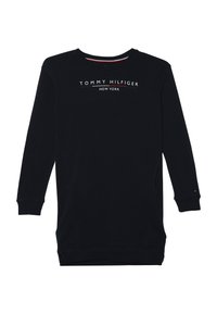 Czarna bluza z długim rękawem, z okrągłym dekoltem oraz napisem "TOMMY HILFIGER NEW YORK" w kolorze białym, czerwonym i zielonym. Boczny rozcięcia u dołu.