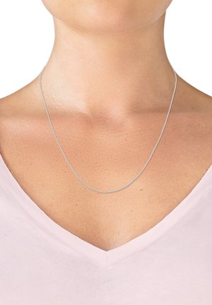 Silver chain necklace with a smooth, sleek design. The chain is fine and round, resting just above the collarbone.