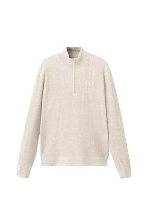 Lichtbeige geribbelde pullover met een halve ritskraag, lange mouwen en een iets losse pasvorm. Zachte textuur met minimale ontwerpdetails.