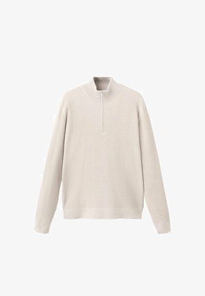 Lichtbeige geribbelde pullover met een halve ritskraag, lange mouwen en een iets losse pasvorm. Zachte textuur met minimale ontwerpdetails.