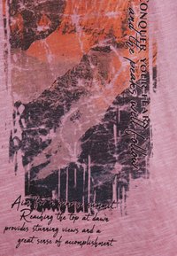Pink fabric featuring an abstract mountain design in orange and dark gray. Text in black and dark brown emphasizes motivational phrases.