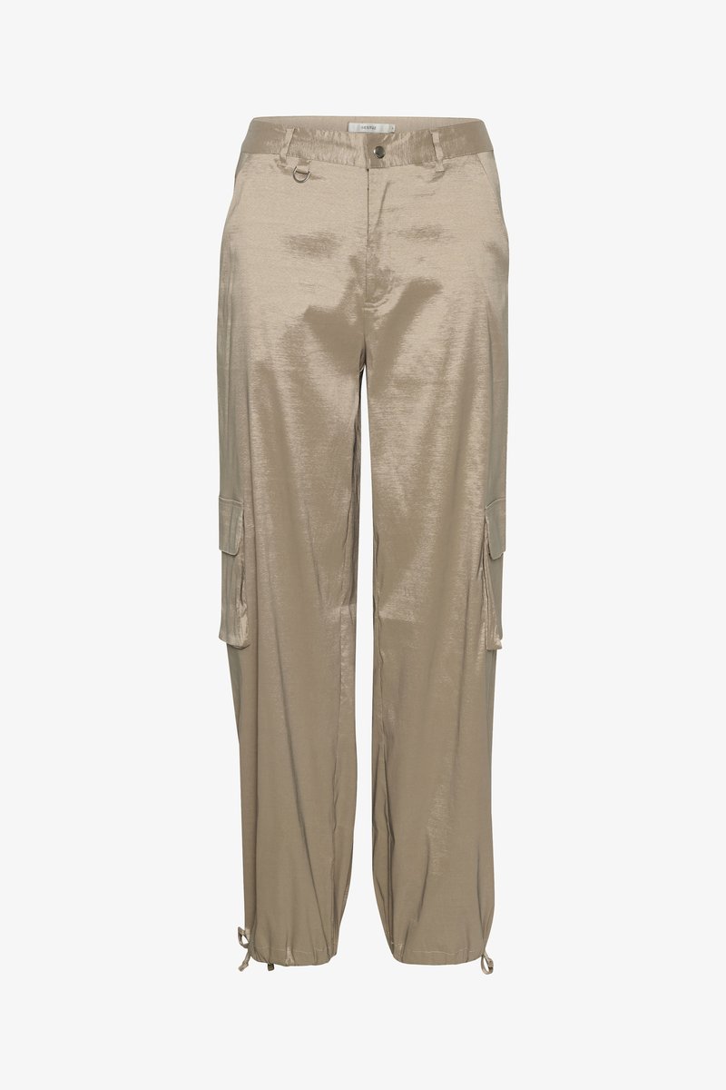 Beige cargo pants made of shiny fabric, featuring side pockets, adjustable cuffs with drawstrings, and a smooth, textured surface.