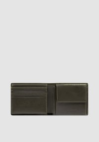 Dark green leather wallet with multiple card slots and a spacious money compartment. Smooth texture and minimalist design, featuring subtle stitching.