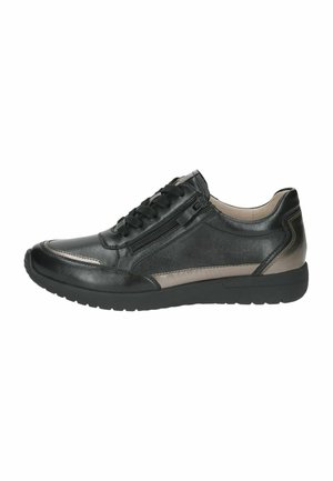 Black leather sneakers with a textured upper, zip closure on the side, contrasting metallic accents, and a rubber sole.