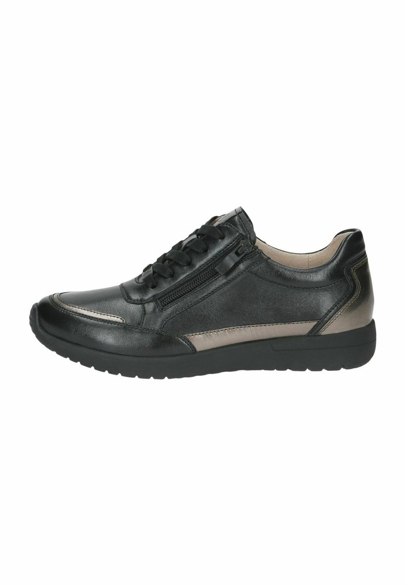 Mustad nahast tennisakingad tekstureeritud pealispinnaga, külgmine lukuga sulgemine, kontrastsed metallilised aktsendid ja kummist tallad.