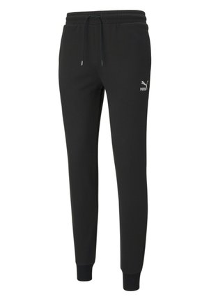 Černé tepláky vyrobené z měkké tkaniny, s elastickým pasem na šňůrku, zúženými nohavicemi a bílým logem Puma na levém stehně.