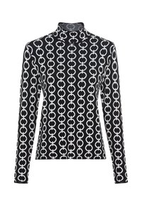 Maglietta nera a maniche lunghe con un motivo circolare bianco su tutta la superficie. Collo alto con silouette aderente e texture liscia.