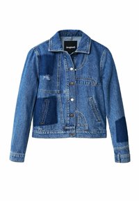 Denim jacket featuring a patchwork design, light to dark blue tones, silver buttons, and two front pockets. Distressed accents visible.