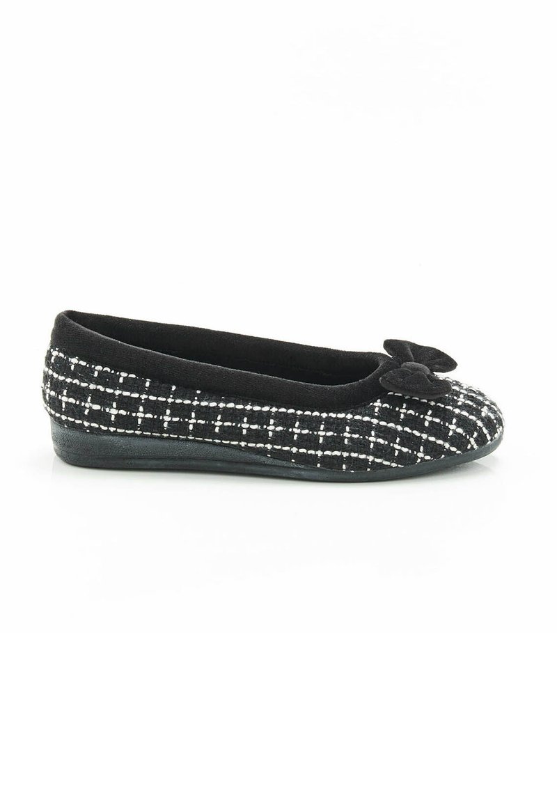 Ballerines noires en tissu checké texturé, à bout rond et avec un accent en nœud. Doublure intérieure douce et semelle basse et flexible.